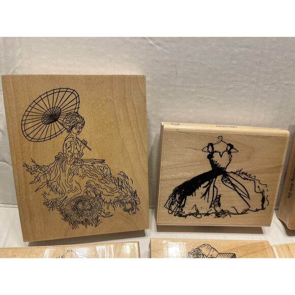 Set of 9 VICTORIAN VINTAGE RUBBER STAMPS WOOD Set FANCY HATS, WOMAN, DRESSES EUC - Picture 4 of 4